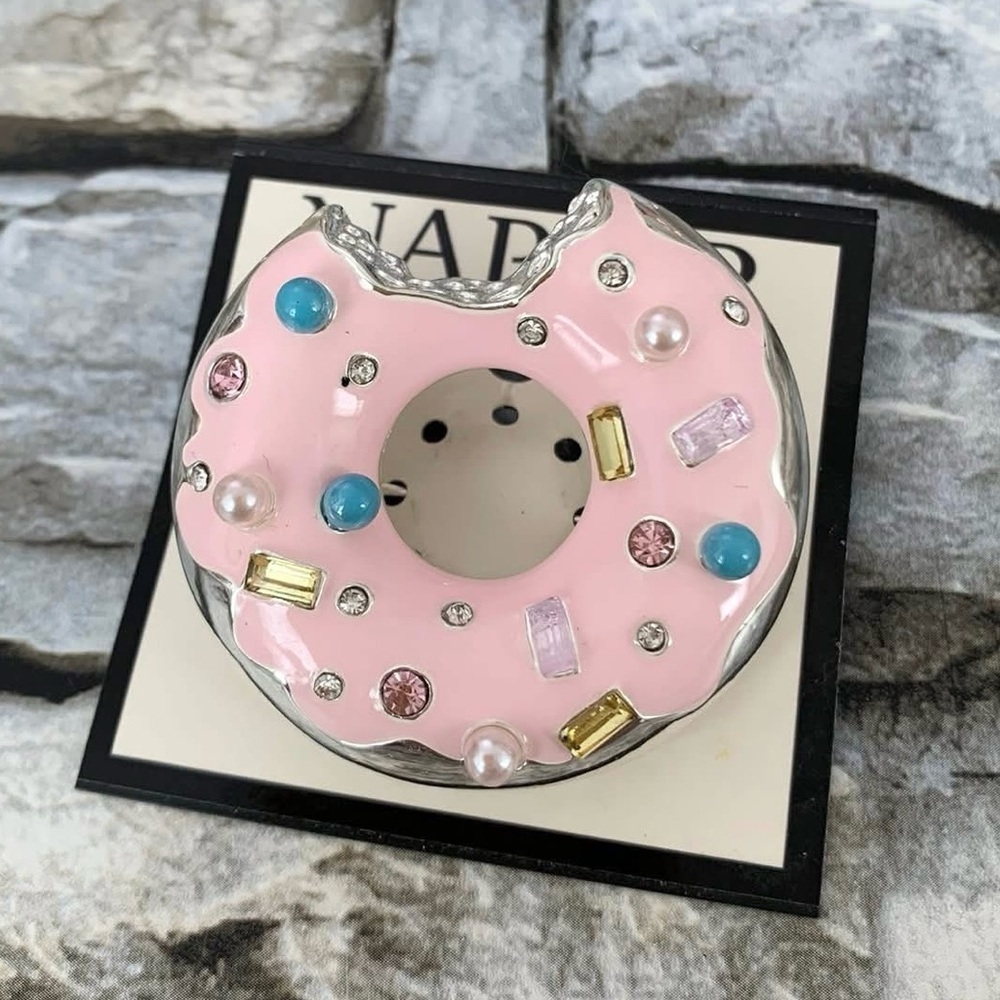 #69 Napier Enamel Donut Jeweled Figural Dimensional Silver Tone Brooch Pin New